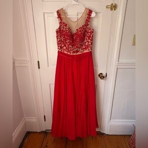 Sherri Hill Red-Nude Lace A-Line Empire Waist Long Prom Dress, Women’s Size 14